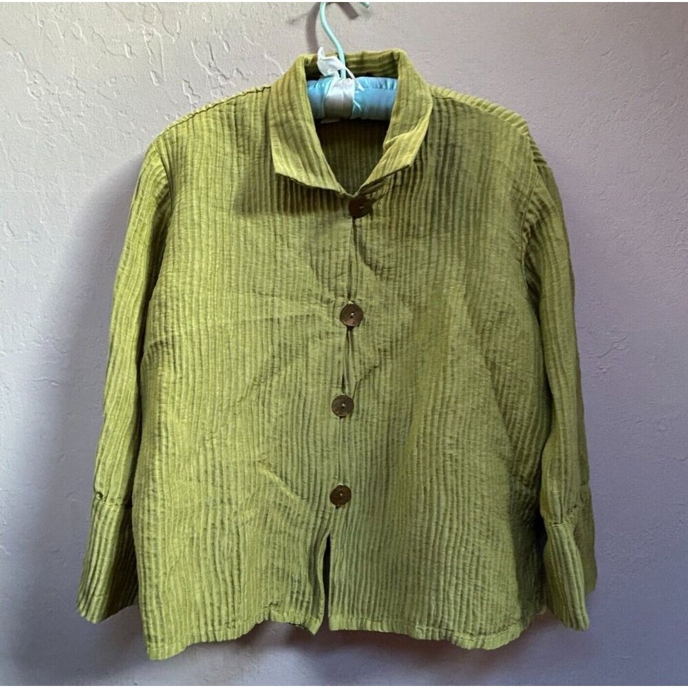 Staples Women XL Green Silk Linen Button Front Textured Shirt Jacket Lightweight